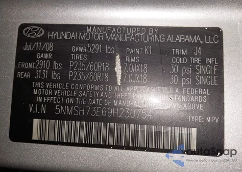 2009 Hyundai Santa Fe Se z USA, uszkodzony, nr VIN 5NMSH73E69H230754